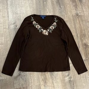 Karen Scott V Neck Floral Rose Embroidery Brown Long Sleeve Shirt sz M